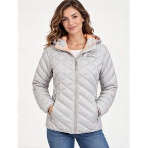 EUC Eddie Bauer women's silver grey quilted hooded puffer jacket coat S
